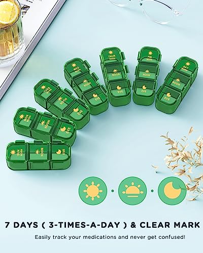 Pill Organizer 3 Times A Day, 7-Day Pill Box 3 Times A Day - Acedada Weekly Medicine Box Organizer, 7 Detachable Portable Daily Pill Container Dispenser Case for Vitamins Fish Oils Supplements, Green