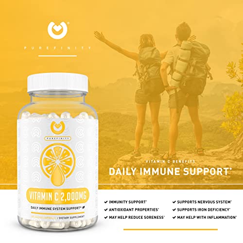 PUREFINITY Vitamin C Immune Booster 2000mg – Double Strength Immune Support Vitamin C Supplement with High Absorption and Powerful Antioxidant Properties – 120 Capsules (1 Month Supply)