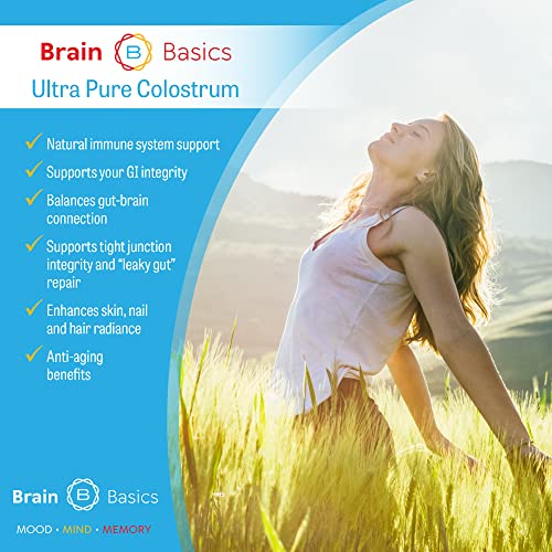 Brain Basics Ultra-Pure Colostrum, 4000mg per Serving, Min 25% IgG antibodies, Gut-Brain-Immune Health, Glowing Hair and Skin. Colostrum Powder from Grass-Fed Cows. 120 Grams - 30 Servings