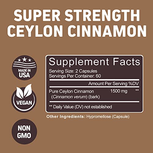 Premium Ceylon Cinnamon Capsules - Effective Cinnamon Pills for Enhanced Well-Being - 1500mg Ceylon Cinnamon Supplement Supports Daily Health- 120 Vegetarian Capsules