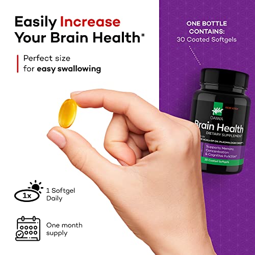Daiwa Brain Health Plasmalogen Memory Supplement for Better Focus and Cognitive Function - Brain Support Supplement with 50mg of Hokkaido Scallop Oil Plasmalogens (HSOP)