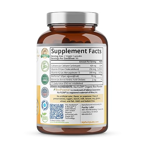 Purity Labs Vitamin D3 K2 10000 IU, (250mcg) D3 + 200mcg K2 MK7 - Immune Support Supplement Enhanced with Bioperine - Vegan Supplements for Daily Defense, Bone, Muscle & Skin Health - 120 Capsules