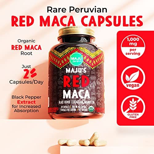 MAJU Organic Red Maca Root Capsules 120ct - Women Focused Curve Enhancement Nutrition Pills, Weight Booster Gain para Thighs, Powder in Pill Supplement Qty 1