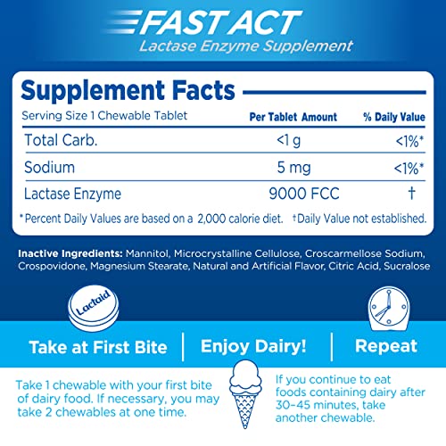 Lactaid Fast Act Lactose Intolerance Chewables with Lactase Enzymes, Vanilla, 60 Count (Pack of 1)