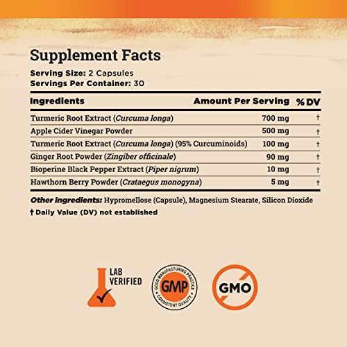 Turmeric and Ginger Supplement - Tumeric Curcumin Joint Support Pills - with Apple Cider Vinegar & BioPerine Black Pepper - 95% Curcuminoids - 60 Capsules