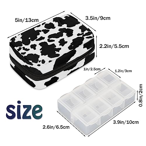 Animal Cow Pill Box 7 Day Travel Pill Organizer for Child Adult Elder Pill Case with Zipper Cow Texture Portable Weekly Case Compact Size for Vitamin Supplement Holder