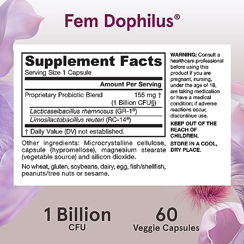 Jarrow Formulas Fem-Dophilus Probiotics 1 Billion CFU With 2 Clinically Effective Strains, Dietary Supplement for Vaginal and Urinary Tract Support, 60 Veggie Capsules, 60 Day Supply