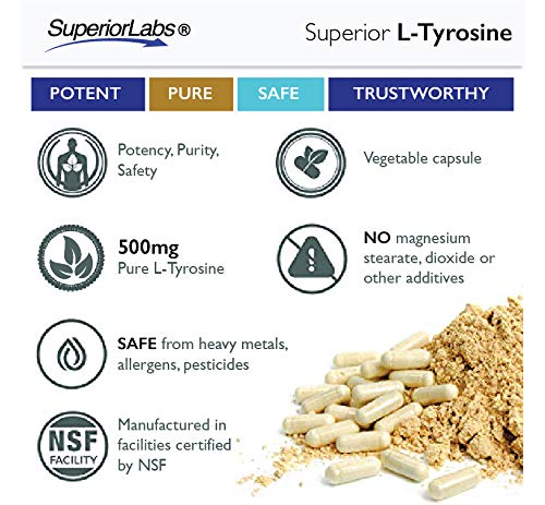 Superior Labs – Pure Natural L-Tyrosine NonGMO – 500 mg, 120 Vegetable Capsules – Supports Mental Clarity – Promotes Alertness – Boosts Energy – Dietary Supplement for Calming and Relaxation