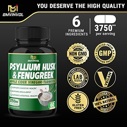 BMVINVOL Psyllium Husk Capsules 3750mg - Fenugreek, Apple Cider Vinegar, Turmeric - Fiber Supplement for Supports Digestive Health & Regularity (60Count)