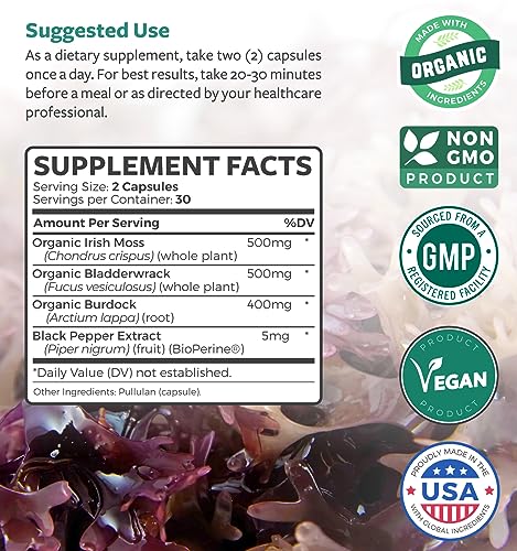 Irish Sea Moss Capsules (Non-GMO) Organic Irish Seamoss, Bladderwrack & Burdock, with BioPerine Black Pepper Extract for Extra Absorption - Raw Vegan Supplement - 60 Capsules (No Pills or Gel)