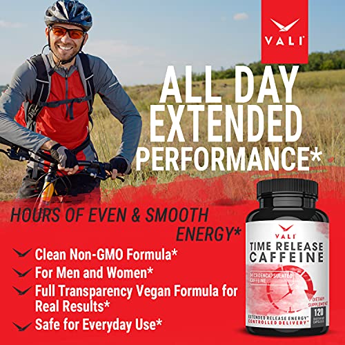 VALI Time Release Caffeine 100mg Pills - Smart Slow Release for Extended Energy & Focus. Advanced Nootropic Supplement. Brain Booster for Active Performance, Alertness & Clarity. 120 Veggie Capsules