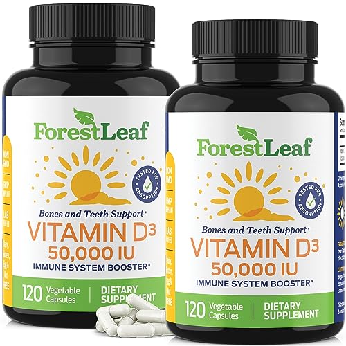 ForestLeaf - Vitamin D3 50,000 IU Weekly Supplement - 120 Vegetable Vitamin D Capsules for Bones, Teeth, and Immune Support (2 Pack) - Easy Swallow Pure Vitamin D3 Caps - Non GMO Pills