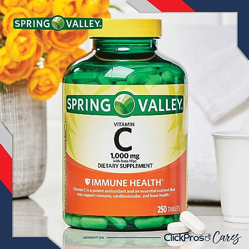 Spring Valley Vitamin C with Rose Hips Tablets Dietary Supplement, 1,000 mg, 250 Count 2 Pack Bundle (500 Total) - Includes Vitamin Guide and Pill Container (4 Items)!