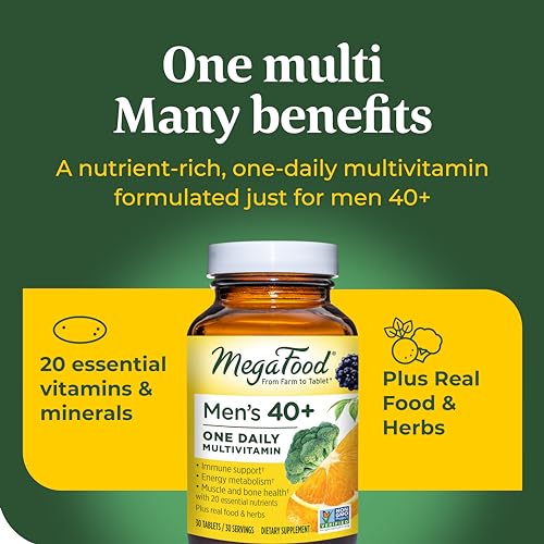 MegaFood Men's 40+ One Daily Multivitamin for Men With Vitamin B, Vitamin D3, Selenium, Zinc & Real Food - Immune Support, Energy Metabolism, and Muscle & Bone Health – Non GMO; Vegetarian - 90 Tabs