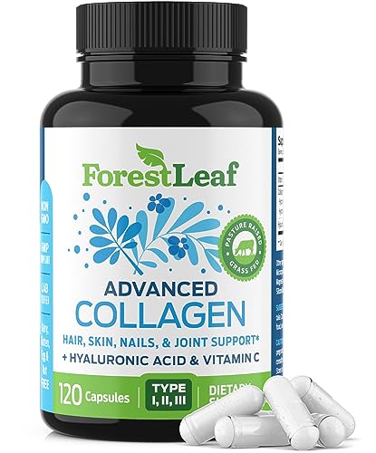 ForestLeaf Multi Collagen Pills with Hyaluronic Acid + Vitamin C | Hydrolyzed Collagen Supplements for Women or Men | Multi Collagen Capsules Peptides for Skin, Wrinkles, Weight Management, 120 Caps