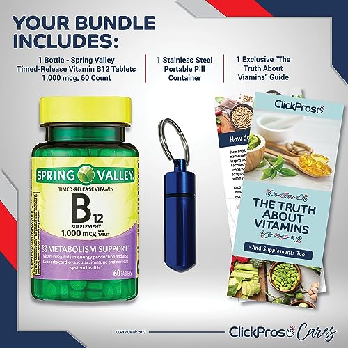 Spring Valley Timed-Release Vitamin B12 Tablets, 1,000 mcg, 60 Count Bundle - Includes Vitamin Guide and Pill Container (3 Items)!