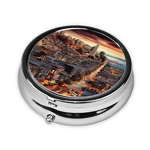 san Francisco Print Round Pill Box 3 Compartment Medicine Pill Case Portable Pill Container for Daily Medicine Supplement Vitamin