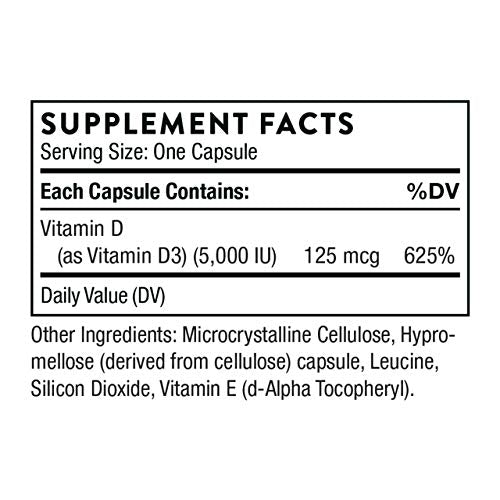 THORNE Vitamin D-5000 - Vitamin D3 Supplement - Support Healthy Bones, Teeth, Muscles, Cardiovascular, and Immune Function - NSF Certified for Sport - Dairy-Free, Soy-Free - 60 Capsules