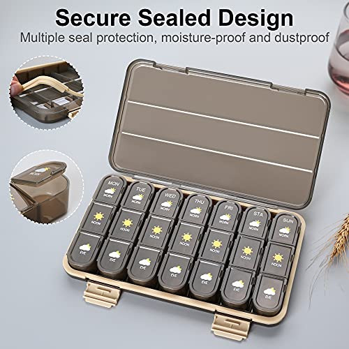 Pill Organizer 3 Times A Day, Pill Box 7 Day - Acedada Weekly Travel Medicine Organizer Box, Large Pill Container Holder Vitamins Case Pill Dispenser, Brown