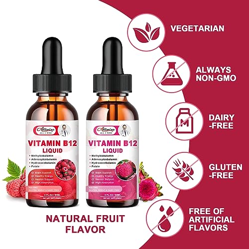 Vegan&High Absorption Vitamin B12 1000mcg Sublingual Liquid Supplement for Women and Men- Blend with Folic Acid 200mcg-Support Brain, Energy & Neuron System- Organic Fruit Flavor