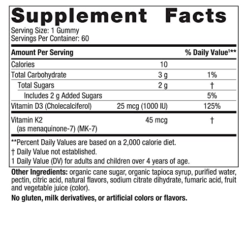 Nordic Naturals Vitamin D3 + K2 Gummies, Pomegranate - 60 Gummies - 1000 IU Vitamin D3 + 45 mcg Vitamin K2 - Great Taste - Bone Health, Promotes Healthy Muscle Function - Non-GMO - 60 Servings