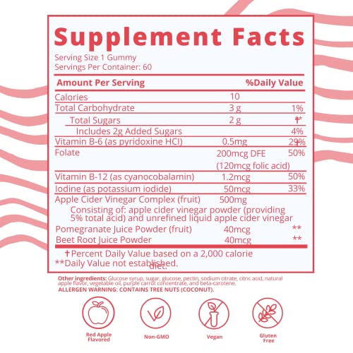 Baby Blues Apple Cider Vinegar Gummies - Vegan, Non-GMO & Gluten-Free, Postpartum Dietary Supplement with Both Vitamin B-6 & B12, 60 Pieces per Bottle