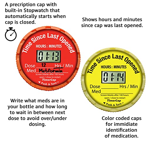 TimerCap Automatically Displays Time Since Last Opened - Built-in Stopwatch Smart Pill Bottle Cap Medication Reminder Case (Qty 2-1.8 oz Amber Bottles) EZ-Twist