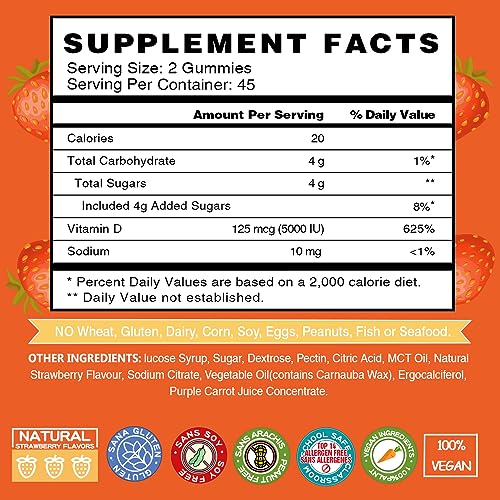 VEGEPOWER Vegan Vitamin D3 Gummies 5000 IU (125mcg) - 90 Count | for Immune Support, Bone Health, Energy Levels Boost, Non-GMO, Gluten Free, Vitamin D Supplement for Adults & Kids (Strawberry)