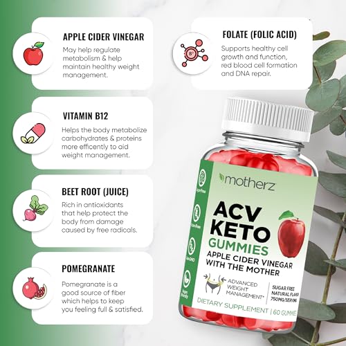 ACV Keto Gummies with Apple Cider Vinegar (with The Mother) - Sugar Free Keto ACV Gummies for Weight Management Cleanse & Detox – Natural Apple Flavor – Non-GMO – Gluten-Free – Vegan