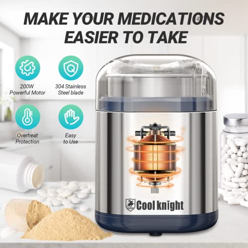 COOL KNIGHT Pill Crusher Electric Pill Grinder, 200W Pill Grinder Suitable for Grinding and Crushing Various Pills, Small or Large Medicines and Vitamin Tablets to Fine Powder.