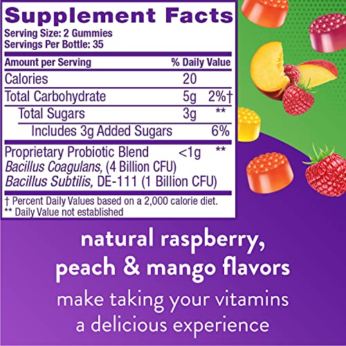 Vitafusion Probiotic Gummy Supplements, Raspberry, Peach and Mango Flavors, Probiotic Nutritional Supplements with 5 Billion CFUs, America’s Number 1 Gummy Vitamin Brand, 35 Day Supply, 70 Count