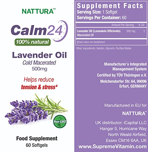 Calm Aid Lavender Oil Pills - 500mg -60 Softgels - 100% Natural, Helps Reduce Stress, Calming for Body & Mind, Non-GMO, Certified Kosher