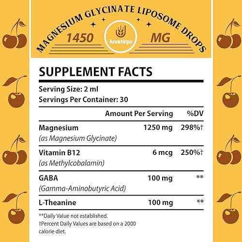 Magnesium Glycinate Liquid Drops - Liposomal Chelate with Cherry Flavor for Easy Absorption, Promotes Sleep, Mood, Intestinal & Bone Health, Reduces Stress - 60ML (2.04 Fl Oz (Pack of 1))