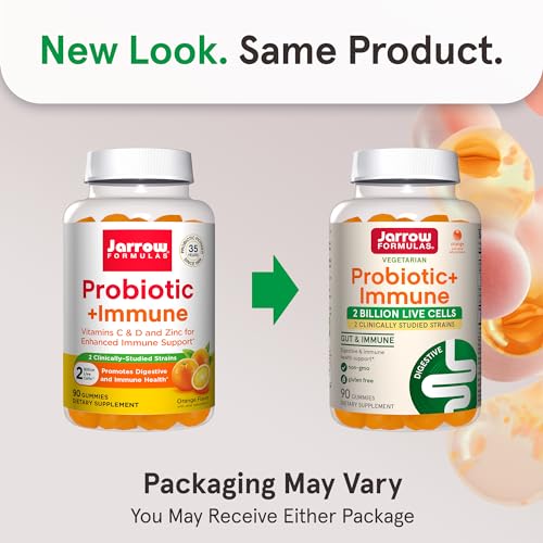 Jarrow Formulas Probiotic + Immune 2 Billion CFU With 2 Clinically-Studied Strains, Vitamins C, D & Zinc, Dietary Supplement for Digestive and Immune Support, 90 Orange-Flavored Gummies, 45 Day Supply