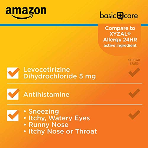 Amazon Basic Care 24 Hour Allergy Relief, Levocetirizine Dihydrochloride Tablets, 5 mg, Antihistamine, Relieves Sneezing, Runny Nose, Itchy Nose or Throat and Itchy, Watery Eyes, 80 Count