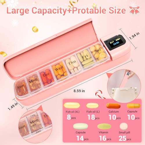 Daviky Smart Pill Organizer with Alarm, Bluetooth Daily Once a Day Pill Box 7 Day with APP, Weekly Travel Pill Case, Portable Pill Reminder for Medicines, Supplements and Vitamins (Pink)