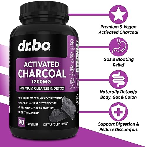 Activated Charcoal Capsules Cleanse Detox - 1200mg Organic Coconut Charcoal Pills for Stomach Gas and Bloating Relief for Men Women Kids - Active Charcoal Capsules Powder Binder Supplements for Gut