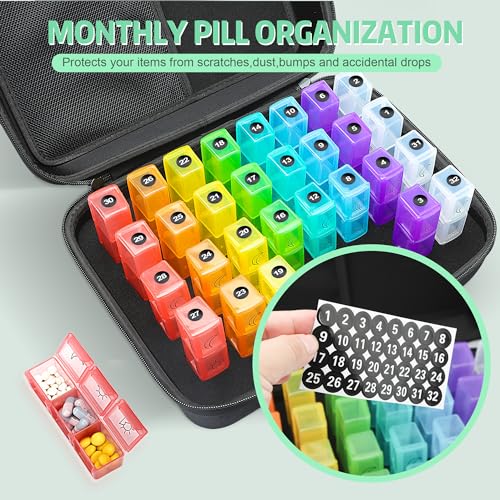 Gelozid Medicine Organizer Box, 30 Day Pill Organizer with 32 Daily Compartments and Hard Shell Travel Case, Monthly Pill Organizer 3 Times A Day for Vitamins, Fish Oil, Medications and Supplements