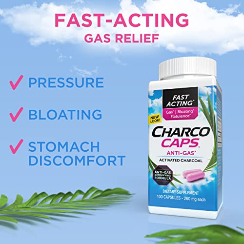 Charcocaps Fast Acting Gas Relief for Bloating & Flatulence, Drug Free Detoxifying Activated Charcoal Formula, 100 Capsules, 30 Day Supply, Pink