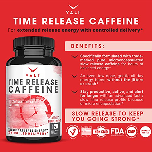 VALI Time Release Caffeine 100mg Pills - Smart Slow Release for Extended Energy & Focus. Advanced Nootropic Supplement. Brain Booster for Active Performance, Alertness & Clarity. 120 Veggie Capsules