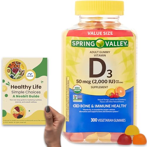 Spring Valley Vegetarian Non-GMO Vitamin D3, 50 mcg (2,000 IU), 300 Vegetarian Gummies, Assorted Fruits - Bone & Immune Health Support - Bundle with 'Healthy Life, Simple Choices' Guide (2 Items)