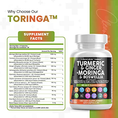 Turmeric Curcumin 30000mg Ginger 3000mg Moringa 50000mg Boswellia Saffron 2000mg - Joint Support Supplement for Women and Men with Ceylon Cinnamon, Quercetin, Tart Cherry Made in USA 120 Caps