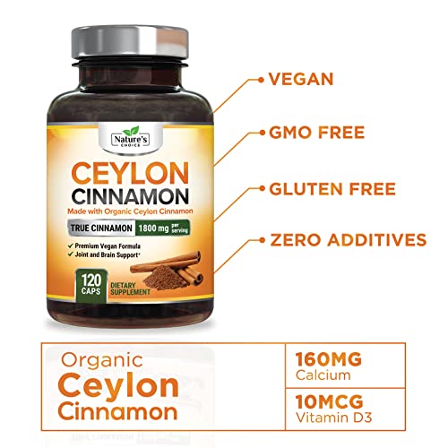 Pure Cinnamon Capsules - Certified Organic Ceylon Cinnamon Pills, Non-GMO, Gluten-Free, Dairy-Free, Sri Lanka Cinnamon Powder Supplement, Best Vegan True Cinnamomum Vitamins, Sugar Free - 120 Capsules