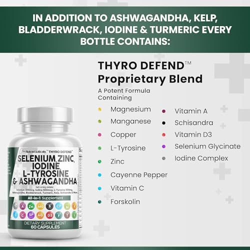 Selenium 300mcg Zinc 50mg Iodine 500mcg L Tyrosine 500mg Ashwagandha 6000mg - Thyroid Support Supplement for Women and Men with Bladderwrack, Turmeric, Kelp, Schisandra - 60 Capsules