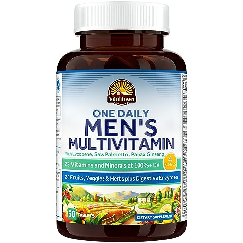 VITALITOWN Men's Multivitamins One Daily, Complete Multivitamin for Men, Lycopene, Saw Palmetto, Panax Ginseng, Male Nutritional Wellness, Veggies & Fruits, Enzymes, 60ct