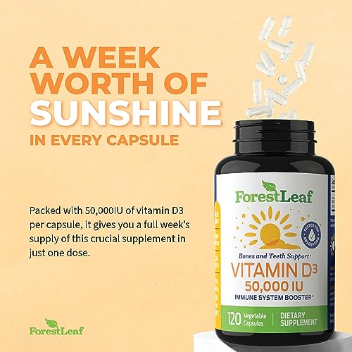 ForestLeaf - Vitamin D3 50,000 IU Weekly Supplement - 120 Vegetable Vitamin D Capsules for Bones, Teeth, and Immune Support (2 Pack) - Easy Swallow Pure Vitamin D3 Caps - Non GMO Pills