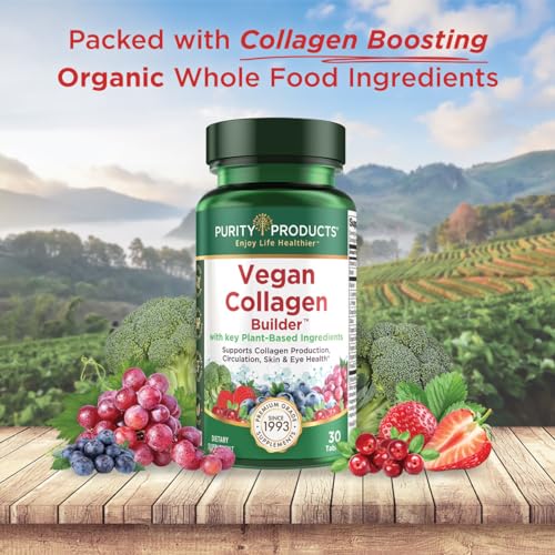 Vegan Collagen Builder - Organic Whole Foods Fruits + Veg, Silica, Lutein, Vitamin C, Biotin, Grape Seed - Amino Acids Glycine, Lysine + Proline Collagen Boosters - Once A Day - 30 Tablets