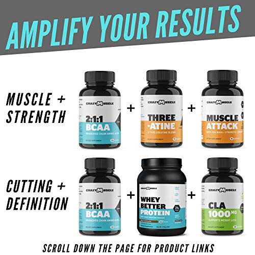 Crazy Muscle BCAA Pills with The Perfect 2:1:1 Ratio of Branched Chain Amino Acids Supplement - 1000mg of BCAAs per Pill (Better Than Capsules) by Crazy Muscle - 120 Tablets