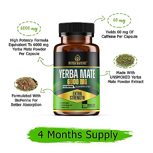 6000mg Extra Strength Yerba Mate High Potency, 60mg Caffeine Per Capsule, Extract Pills Supplements for Clean Energy, Focus, Nootropic, Made in USA - 120 Caps