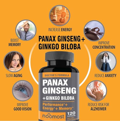 NooMost Authentic Korean Red Panax Ginseng + Ginkgo Biloba, 120 Vegan Capsules, Ginseng Root Extract Powder 1000mg (10% Ginsenosides) + Gingko Biloba 60mg, Energy and Focus Pills for Men and Women